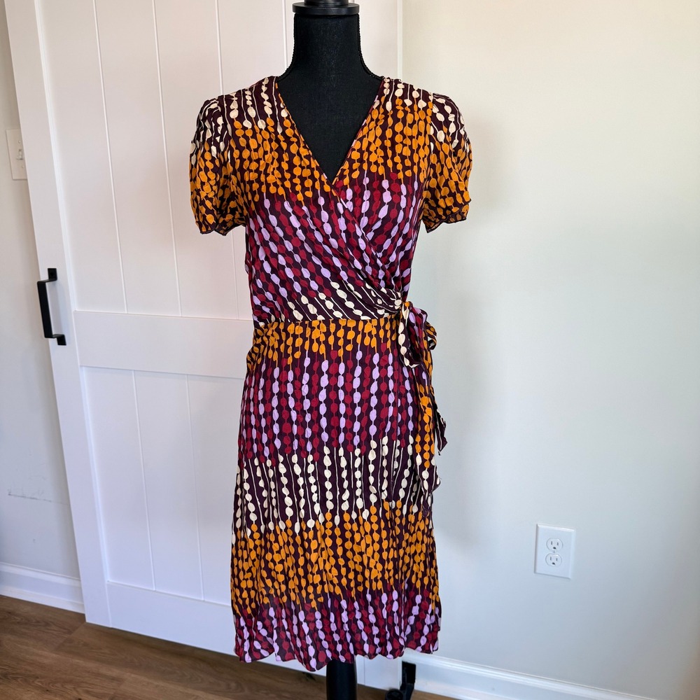 Anna Sui for Anthropologie Silk Blend Wrap Dress Purple Orange Dot Print Size 8
